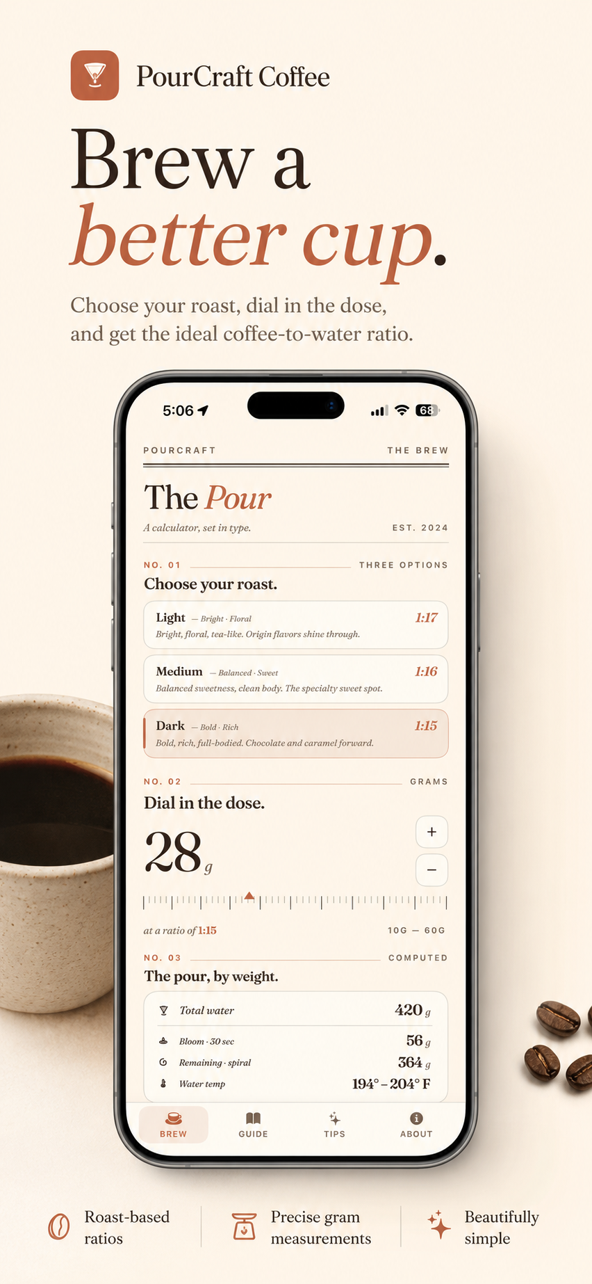 PourCraft app showing roast selection and the ideal coffee-to-water ratio calculator