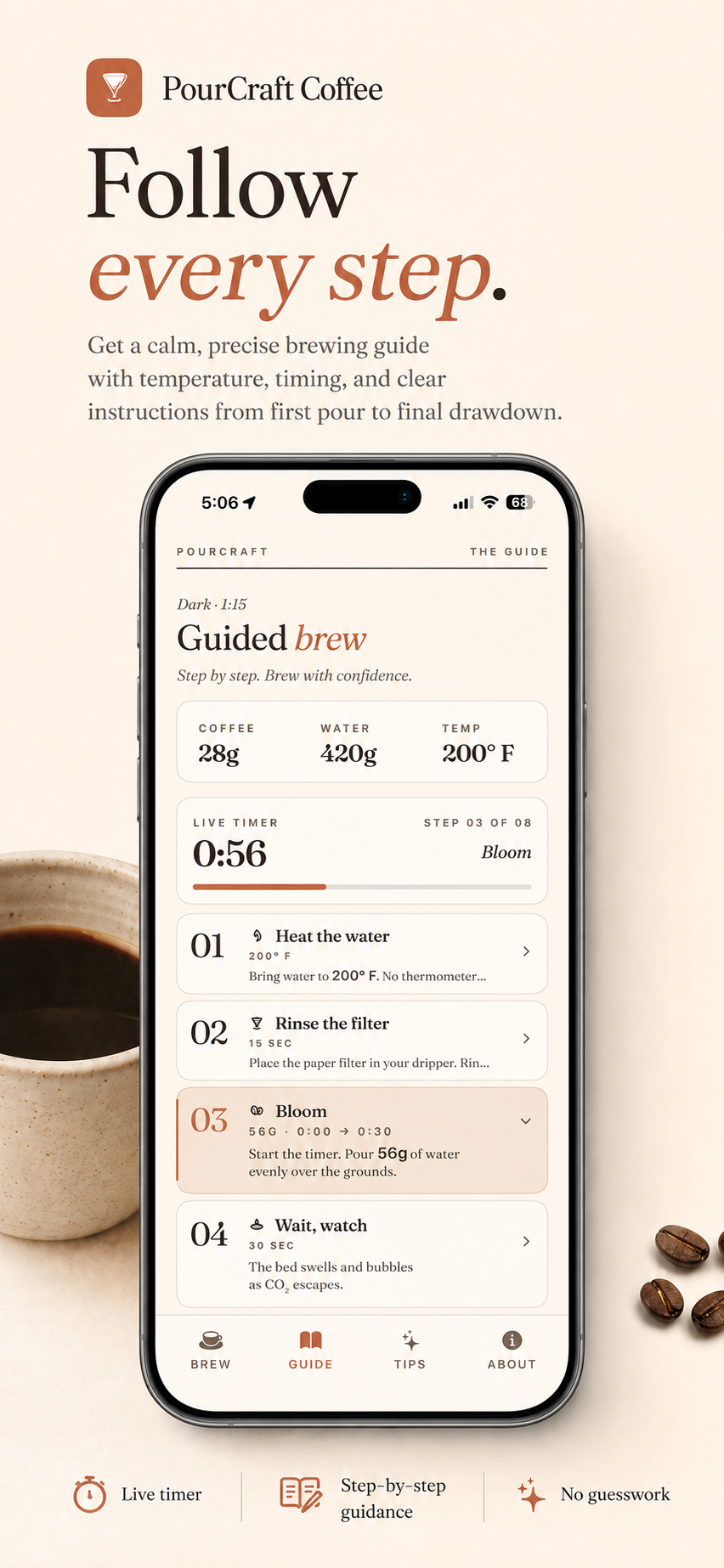 PourCraft guided brew with a live timer and step-by-step pour instructions
