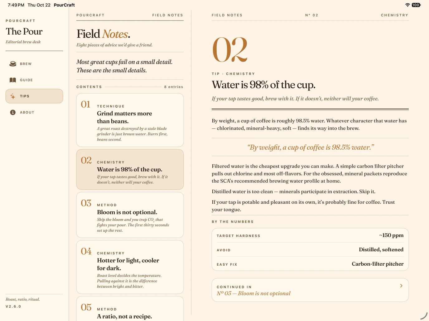 PourCraft on iPad in landscape: a sidebar with Brew, Guide, Tips, and About, the Field Notes index in the middle column, and note 02, Water is 98% of the cup, open on the right with its pull quote and a By the numbers card.