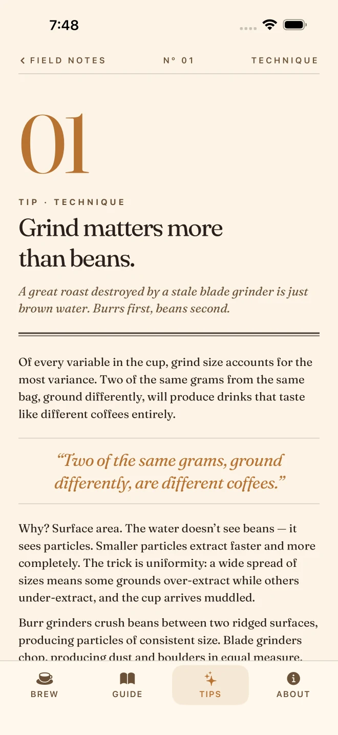 Field note 01 open on iPhone: a large copper 01, the title Grind matters more than beans, its dek, two paragraphs of body copy, and the pull quote Two of the same grams, ground differently, are different coffees.