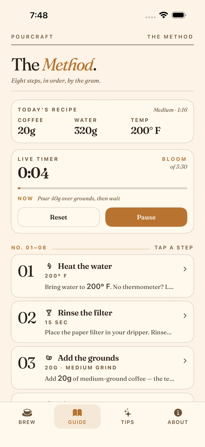 The Guide tab on iPhone: today's recipe of 20 g coffee, 320 g water, and 200° F, the live timer at 0:04 in the bloom phase with Reset and Pause buttons, and the first three steps.